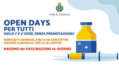 Campagna vaccinale: Open Days 1° e 3° dose, martedì 11 e giovedì 13, ore 15-18