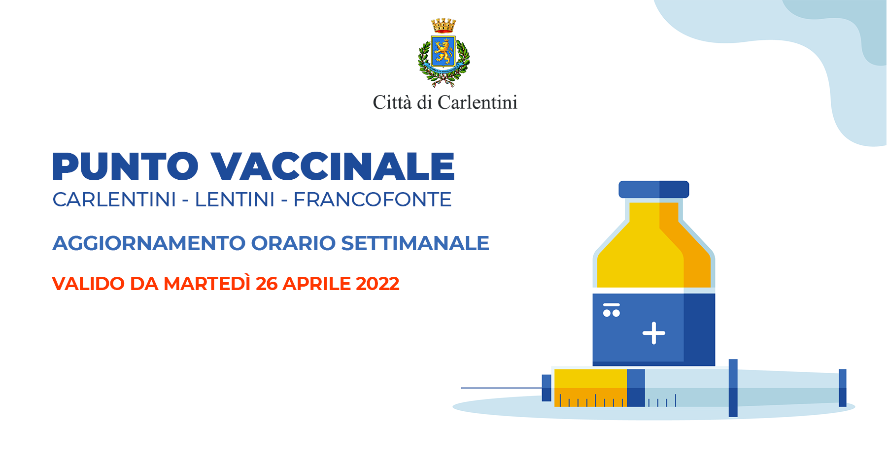 Punto vaccinale: aggiornamento orario settimanale, a partire da martedì 26 aprile.