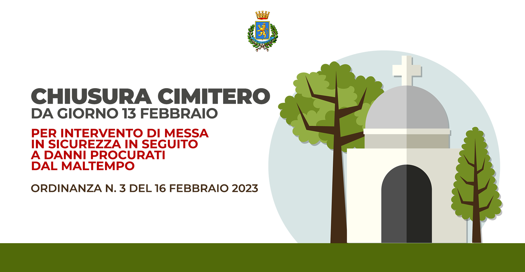 Chiusura cimitero per interventi di messa in sicurezza, dal 13 febbraio: ordinanza n. 3 del 16 febbraio 2023